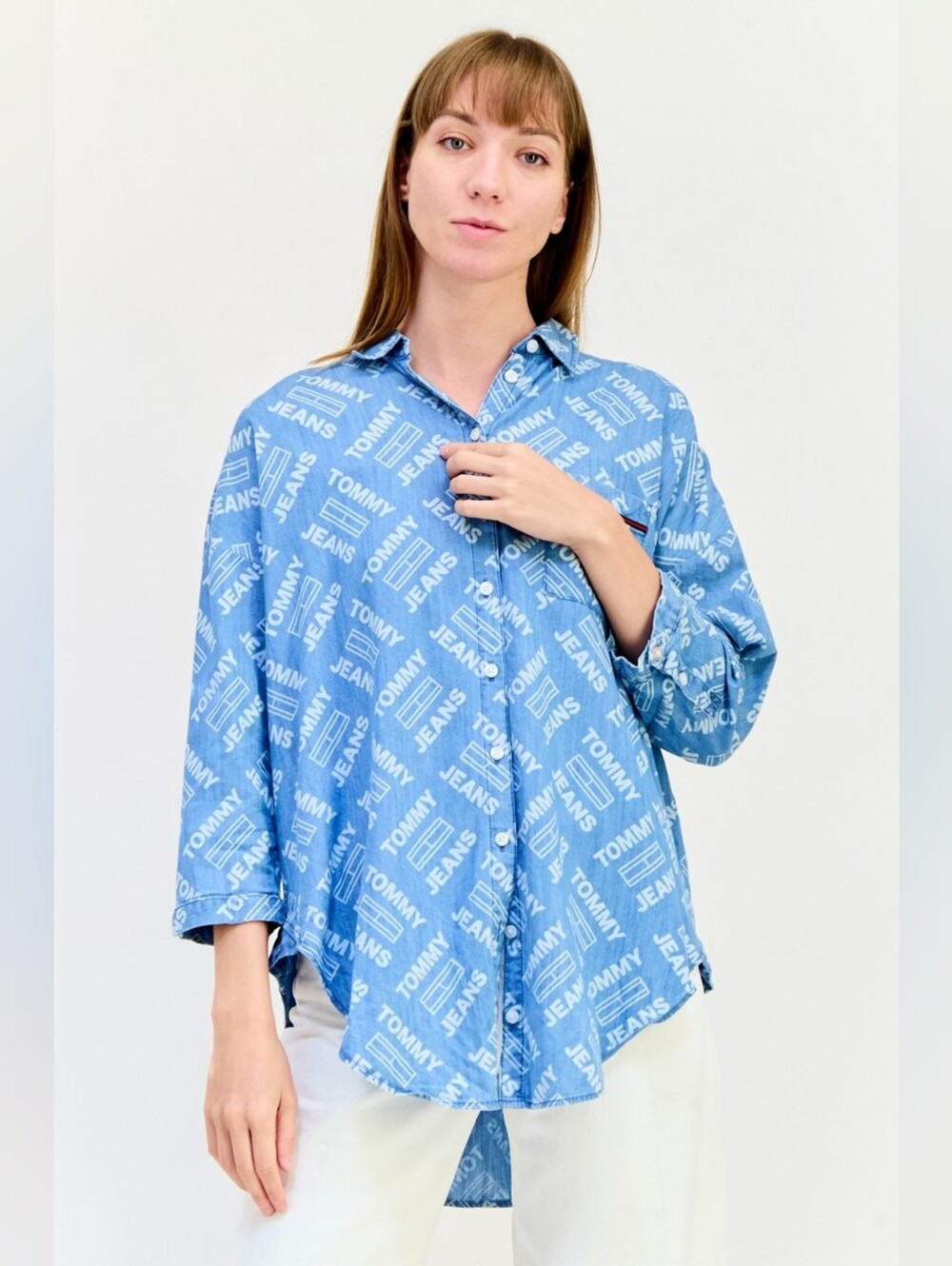 Tommy Hilfiger Light Blue Logo-Print Casual Button-Down Retro Shirt XL